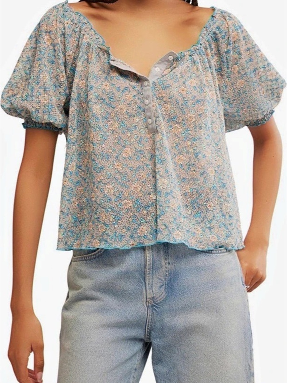 Free People Airy Open-Stitching Floral Blouse, Size X, EUC